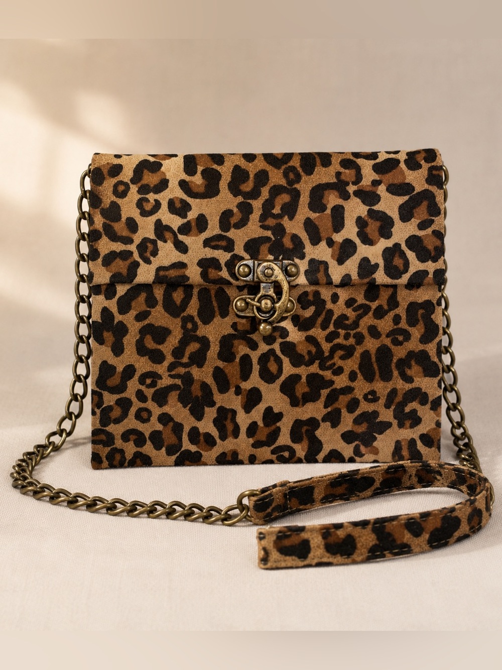 Steve Madden Leopard Print Crossbody Bag Antique Brass Chain Small Clutch Wallet